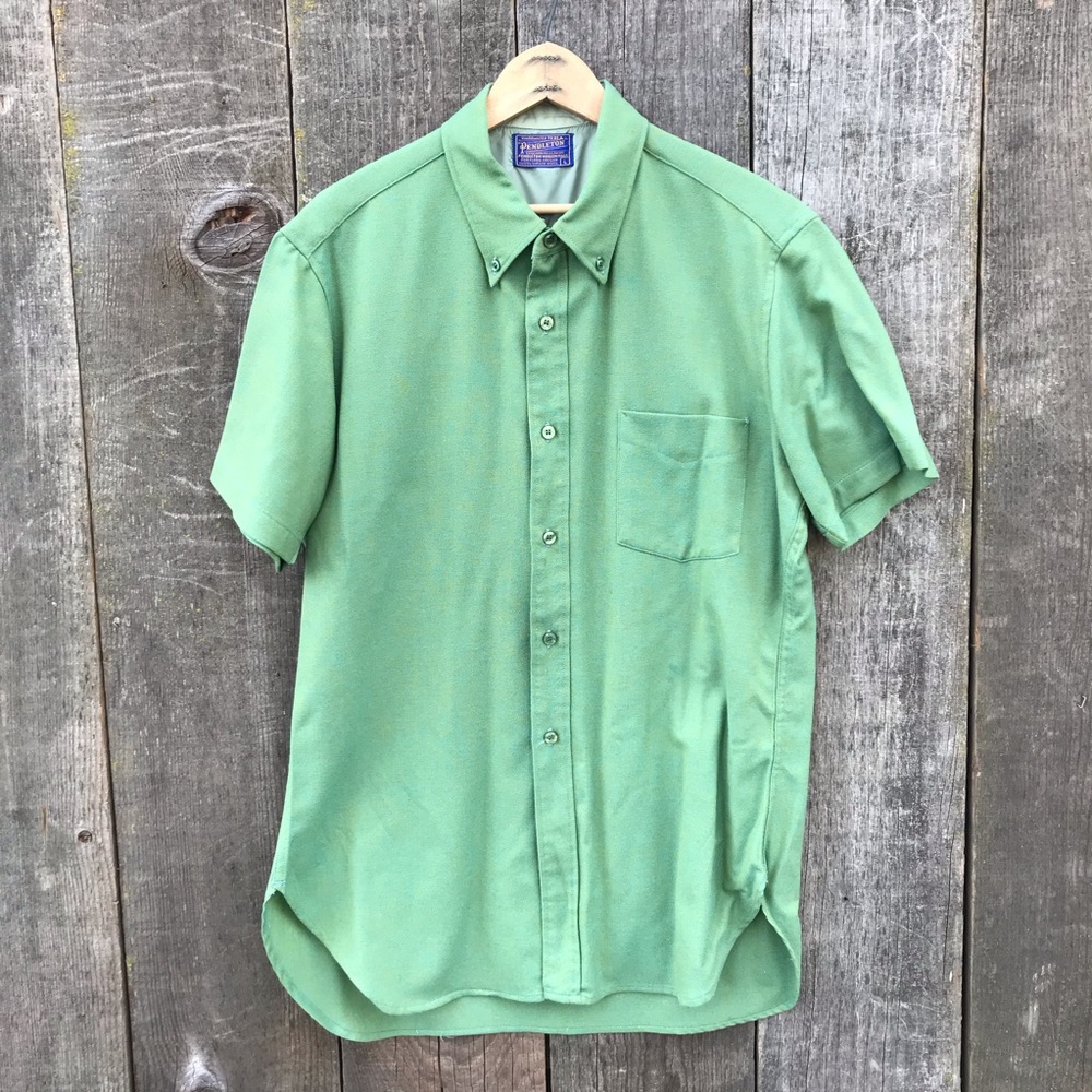 VTG 1960s Pendleton 100% Wool Short Sleeve Moss Green Button Down Shirt Large